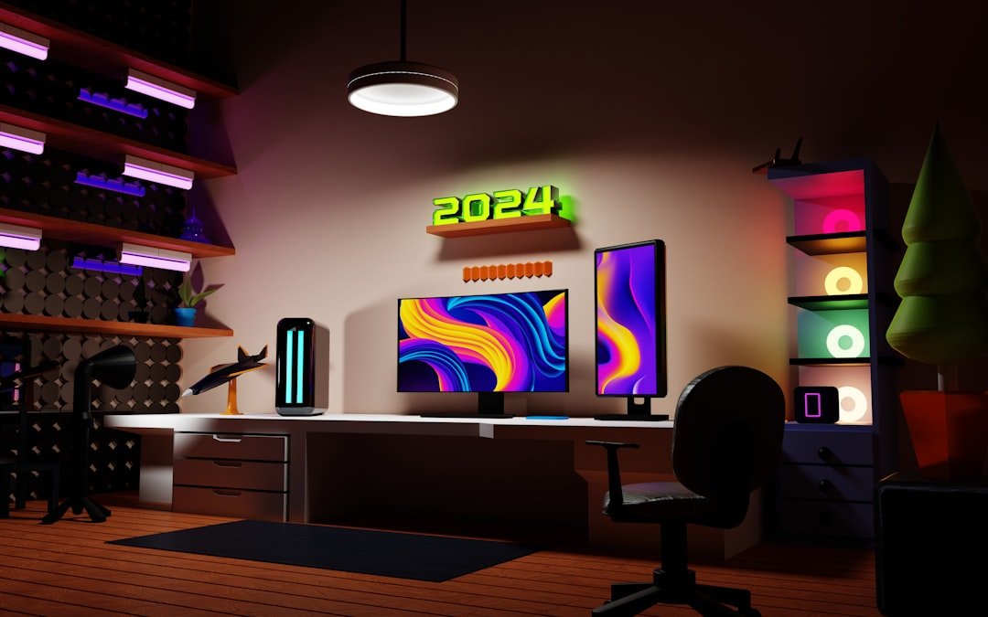 a room with a desk, computer monitor, and a chair