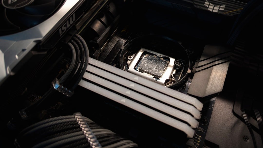 A close up of a computer with many wires