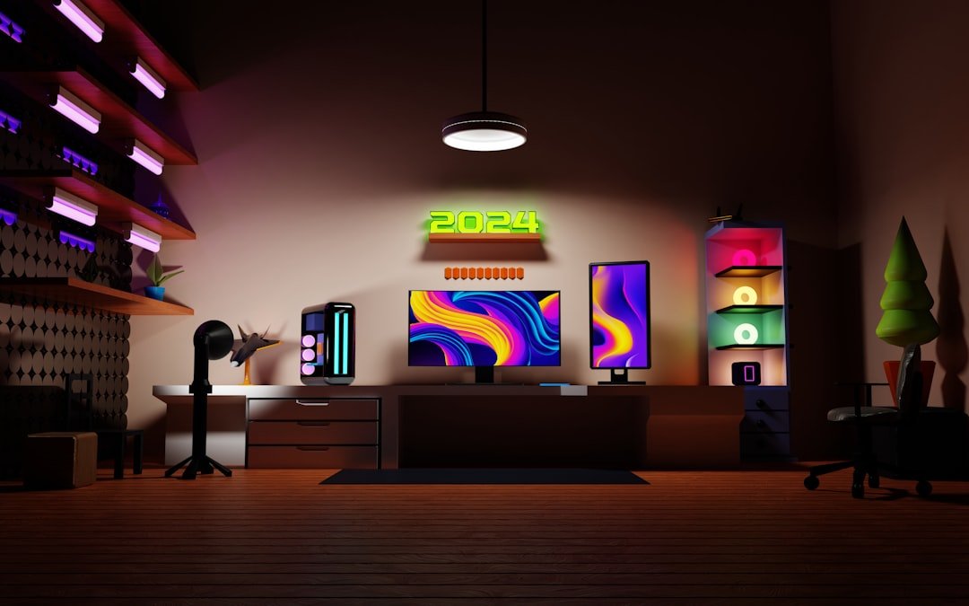 a room with a tv and a lot of lights