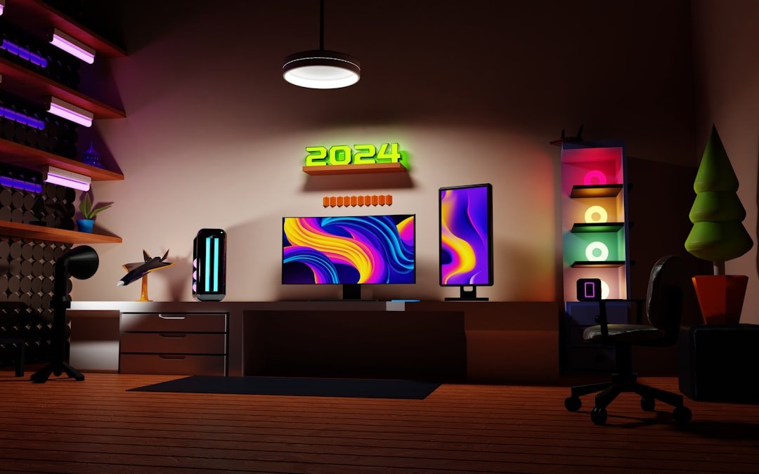 a room with a desk, chair, and television