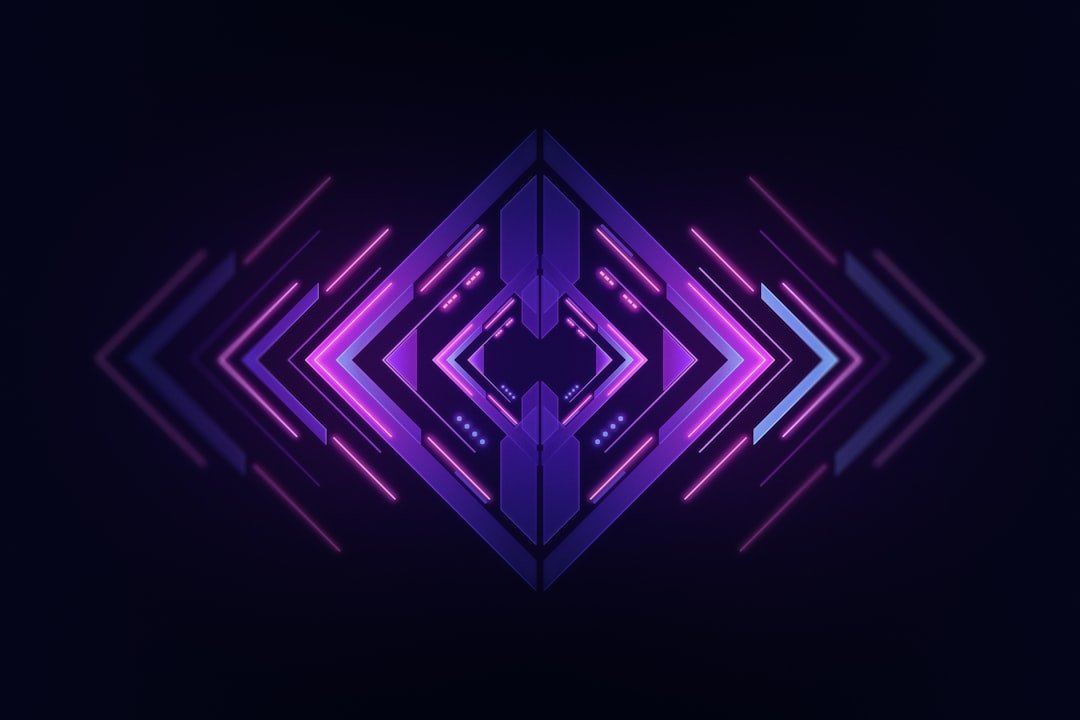 a dark background with a purple geometric design