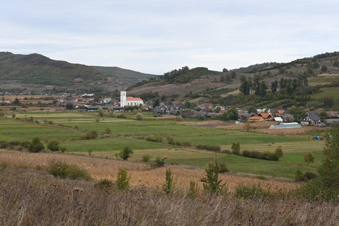 a large field with a church in the background