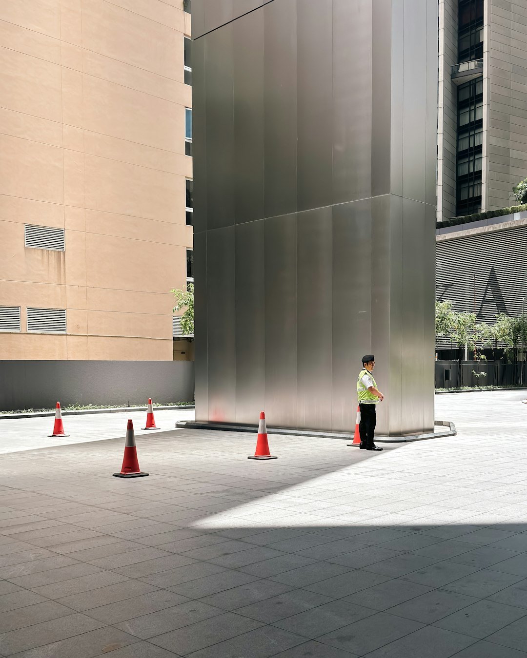 Man stands by large metallic structure with traffic cones